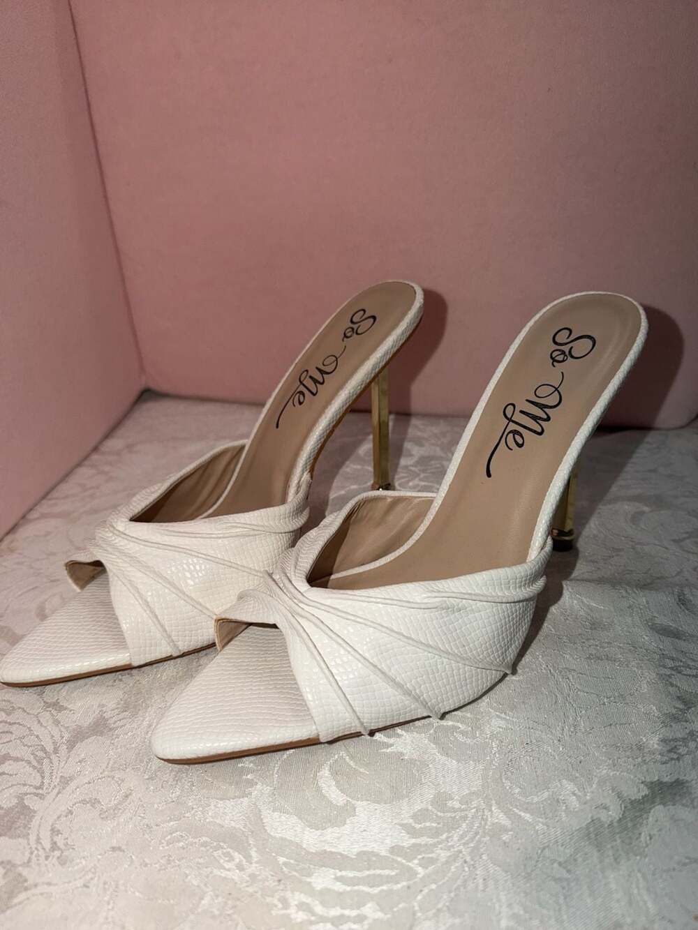 So Me White Pointed Toe Stiletto Mules with Gold Heel